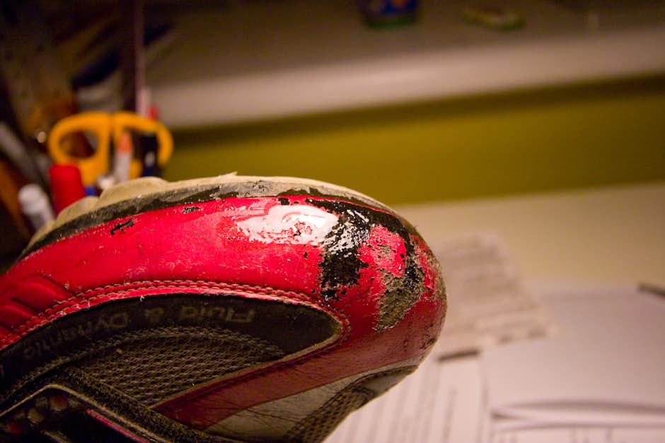 Epoxy applied to the front of the shoe, covering the gashes Epoxy applied to the front of the shoe, covering the gashes