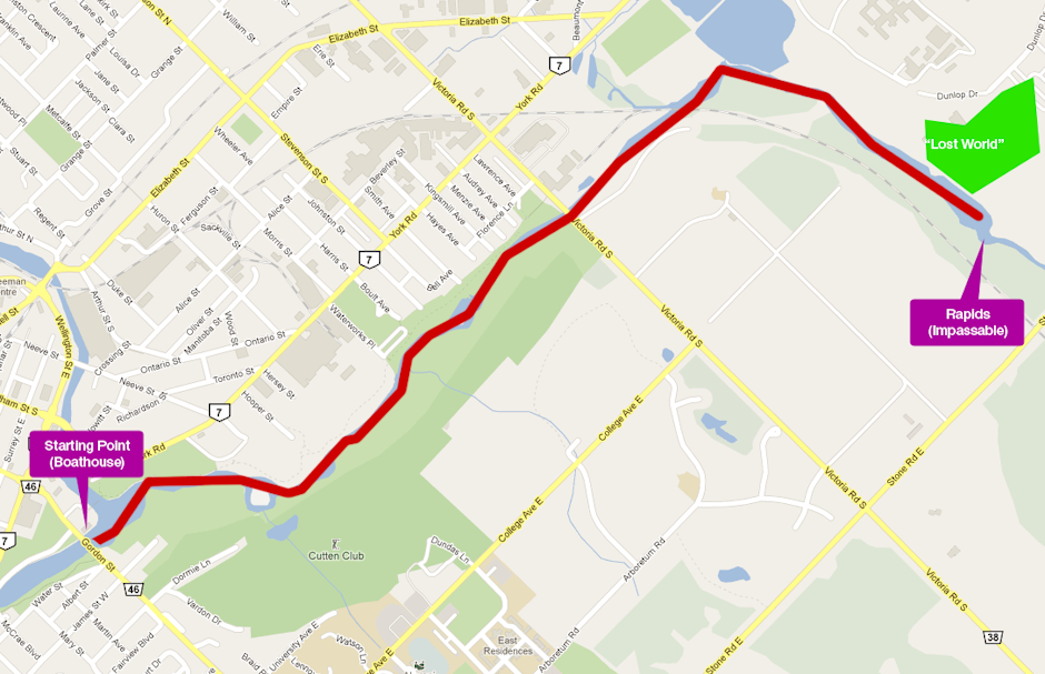 Map of the canoe/kayak route on Eramosa and Speed River in Guelph